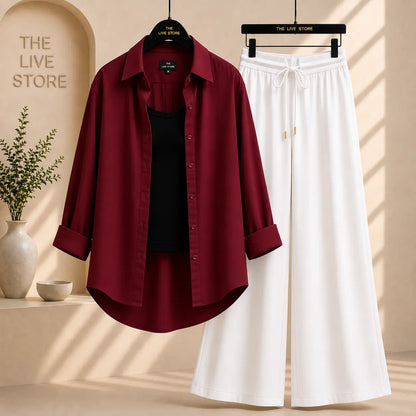 TRIO SET (MAROON BUTTON DOWN SHIRT, BLACK TANK TOP, WHITE FLAPPER TROUSER) The Live Store