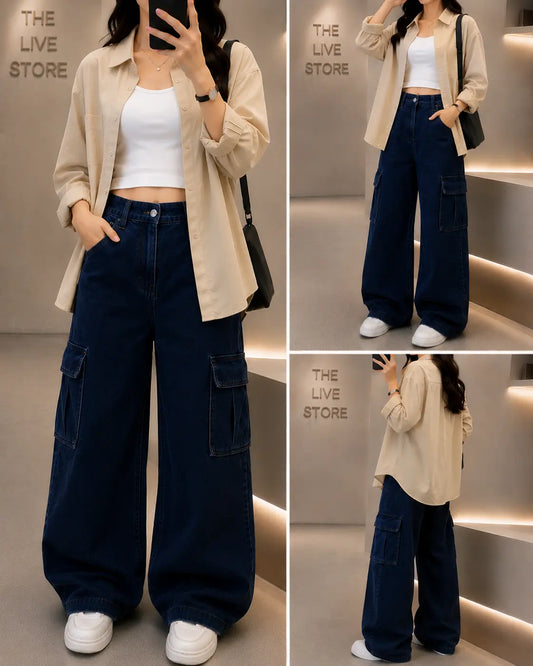TRIO SET (BEIGE BUTTON DOWN SHIRT, WHITE TANK TOP, DARK BLUE CARGO DENIM JEANS) The Live Store