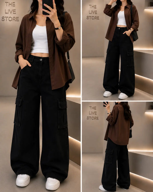 TRIO SET (BROWN BUTTON DOWN SHIRT, WHITE TANK TOP, BLACK CARGO DENIM JEANS) The Live Store