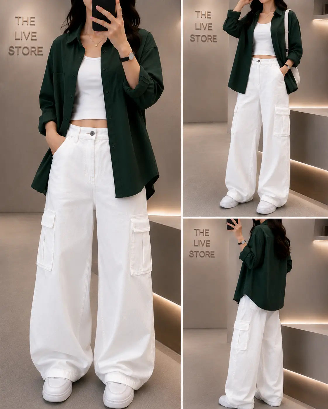 TRIO SET (BOTTLE GREEN BUTTON DOWN SHIRT, WHITE TANK TOP, WHITE CARGO DENIM JEANS) The Live Store