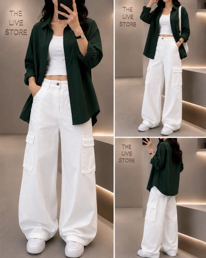 TRIO SET (BOTTLE GREEN BUTTON DOWN SHIRT, WHITE TANK TOP, WHITE CARGO DENIM JEANS) The Live Store