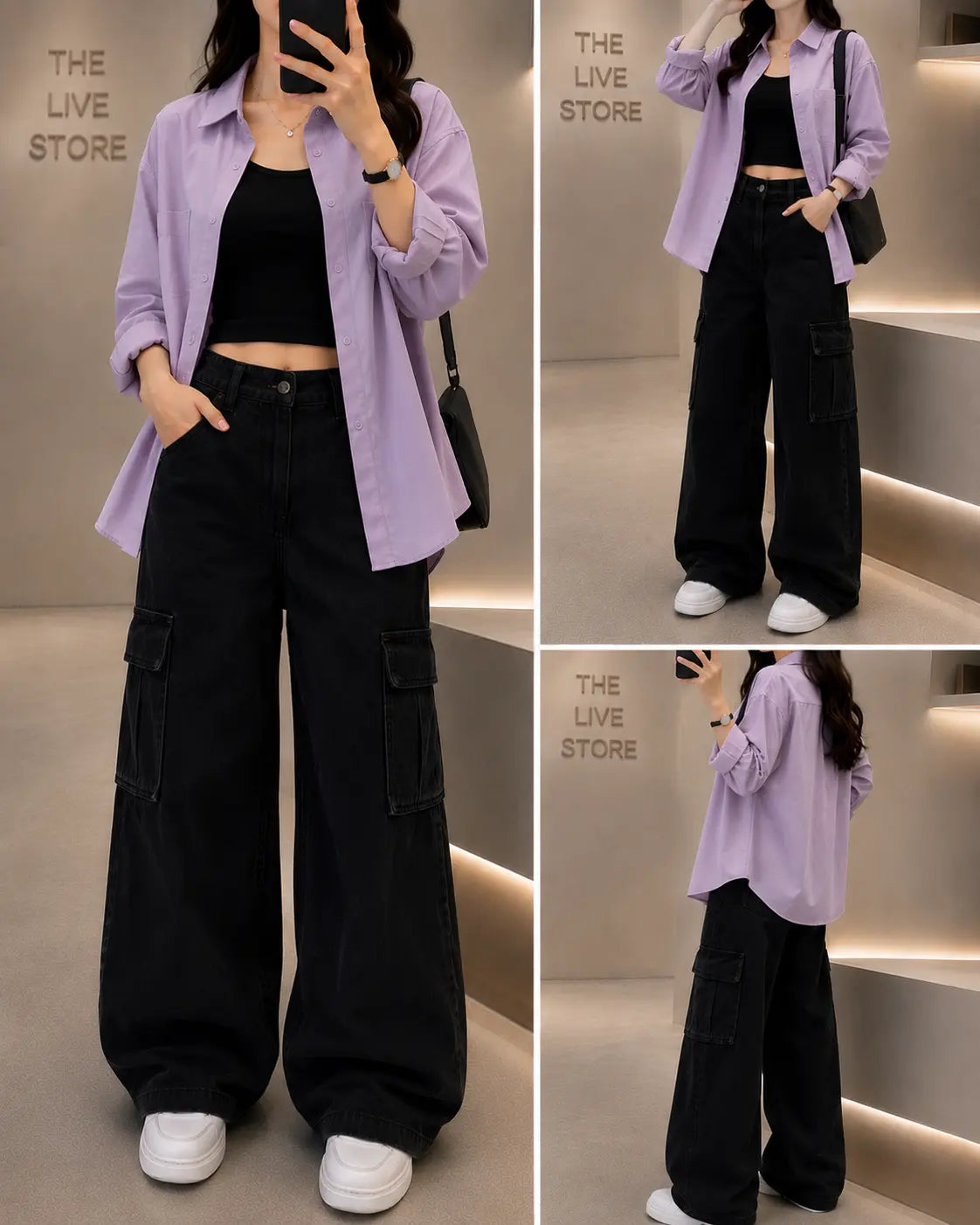 TRIO SET (LILAC BUTTON DOWN SHIRT, BLACK TANK TOP, CARGO DENIM JEANS) The Live Store