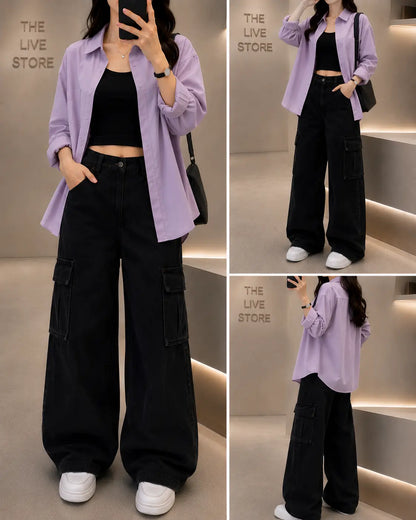 TRIO SET (LILAC BUTTON DOWN SHIRT, BLACK TANK TOP, CARGO DENIM JEANS) The Live Store