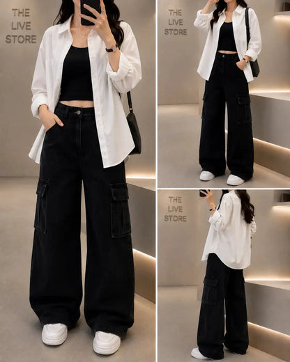 TRIO SET (WHITE BUTTON DOWN SHIRT, BLACK TANK TOP, BLACK CARGO DENIM JEANS) The Live Store
