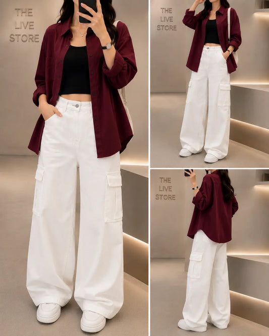 TRIO SET (MAROON BUTTON DOWN SHIRT, BLACK TANK TOP, WHITE CARGO DENIM JEANS) The Live Store