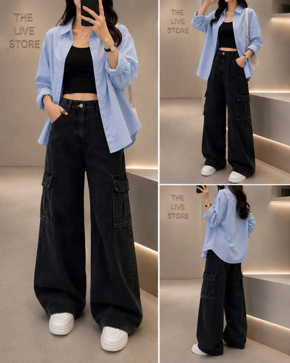 TRIO SET (SKY BLUE BUTTON DOWN SHIRT, BLACK TANK TOP, BLACK CARGO DENIM JEANS) The Live Store