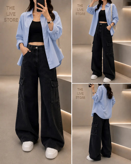 TRIO SET (SKY BLUE BUTTON DOWN SHIRT, BLACK TANK TOP, BLACK CARGO DENIM JEANS) The Live Store