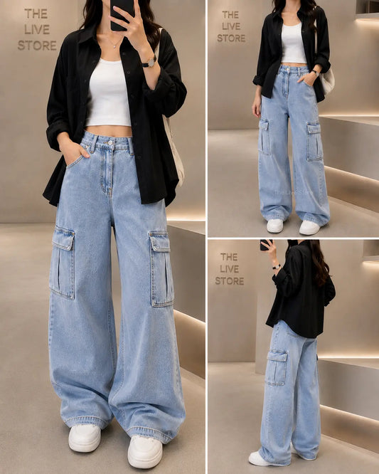 TRIO SET (BLACK BUTTON DOWN SHIRT, WHITE TANK TOP, SKY BLUE CARGO DENIM JEANS ) The Live Store