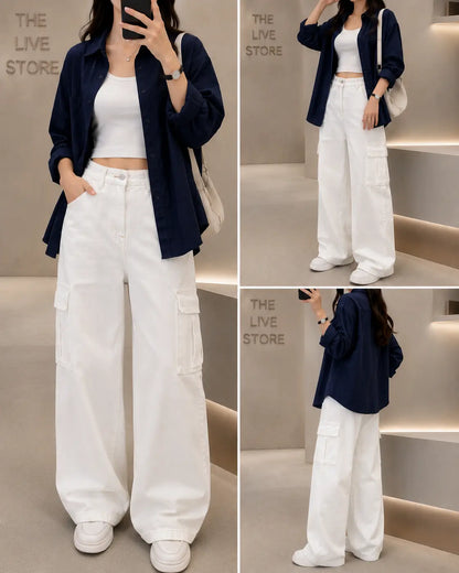 TRIO SET (NAVY BLUE BUTTON DOWN SHIRT, WHITE TANK TOP, WHITE CARGO DENIM JEANS ) The Live Store