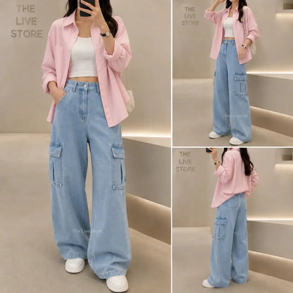 TRIO SET (BABY PINK BUTTON DOWN SHIRT, WHITE TANK TOP, SKY BLUE CARGO DENIM JEANS) The Live Store