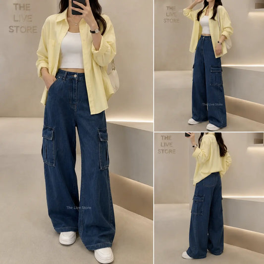 TRIO SET ( BUTTER YELLOW BUTTON DOWN SHIRT, WHITE TANK TOP, MID BLUE CARGO DENIM JEANS) The Live Store