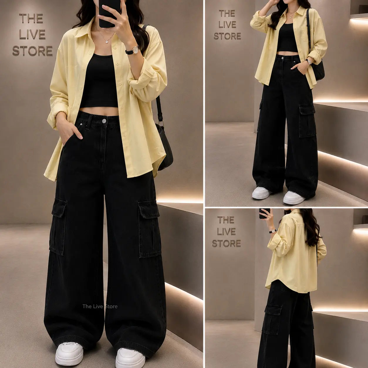 TRIO SET (BUTTER YELLOW BUTTON DOWN SHIRT, BLACK TANK TOP, BLACK CARGO DENIM JEANS) The Live Store