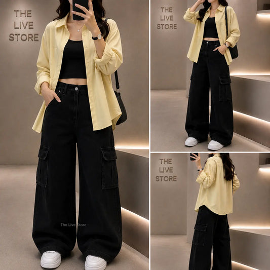 TRIO SET (BUTTER YELLOW BUTTON DOWN SHIRT, BLACK TANK TOP, BLACK CARGO DENIM JEANS) The Live Store