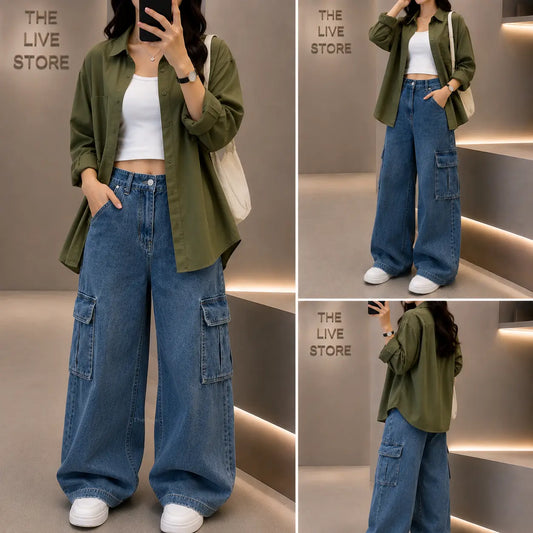 TRIO SET (OLIVE GREEN BUTTON DOWN SHIRT, WHITE TANK TOP, MID BLUE CARGO DENIM JEANS) The Live Store