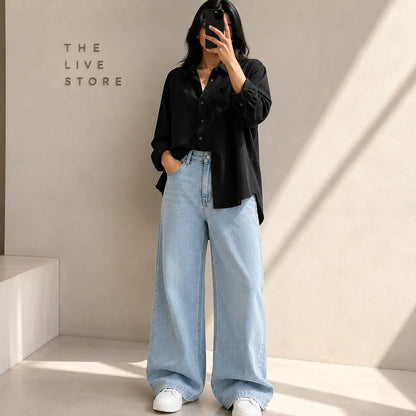 DUO PACK (BLACK BUTTON DOWN SHIRT & SKY BLUE WIDE LEG JEANS) The Live Store