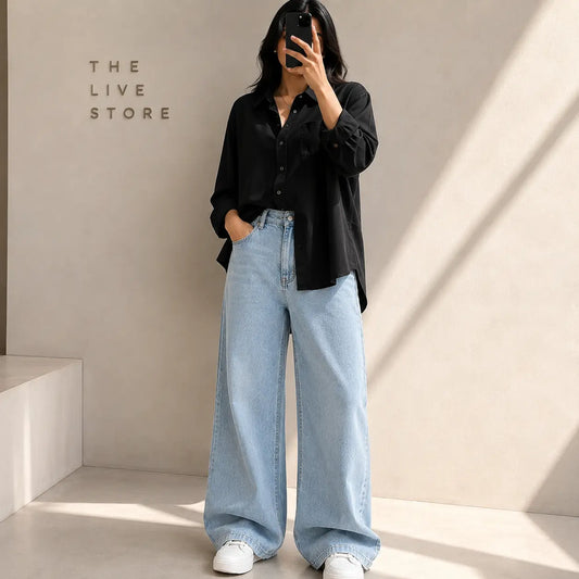 DUO PACK (BLACK BUTTON DOWN SHIRT & SKY BLUE WIDE LEG JEANS) The Live Store