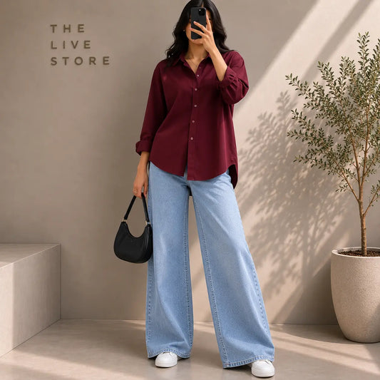 DUO PACK (MAROON BUTTON DOWN SHIRT & SKY BLUE WIDE LEG JEANS The Live Store