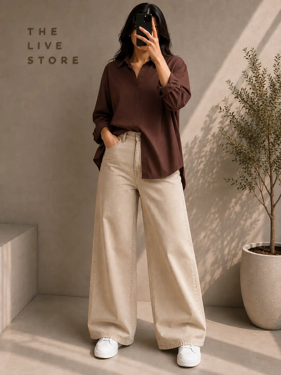 DUO PACK (BROWN BUTTON DOWN SHIRT & BEIGE WIDE LEG JEANS) The Live Store