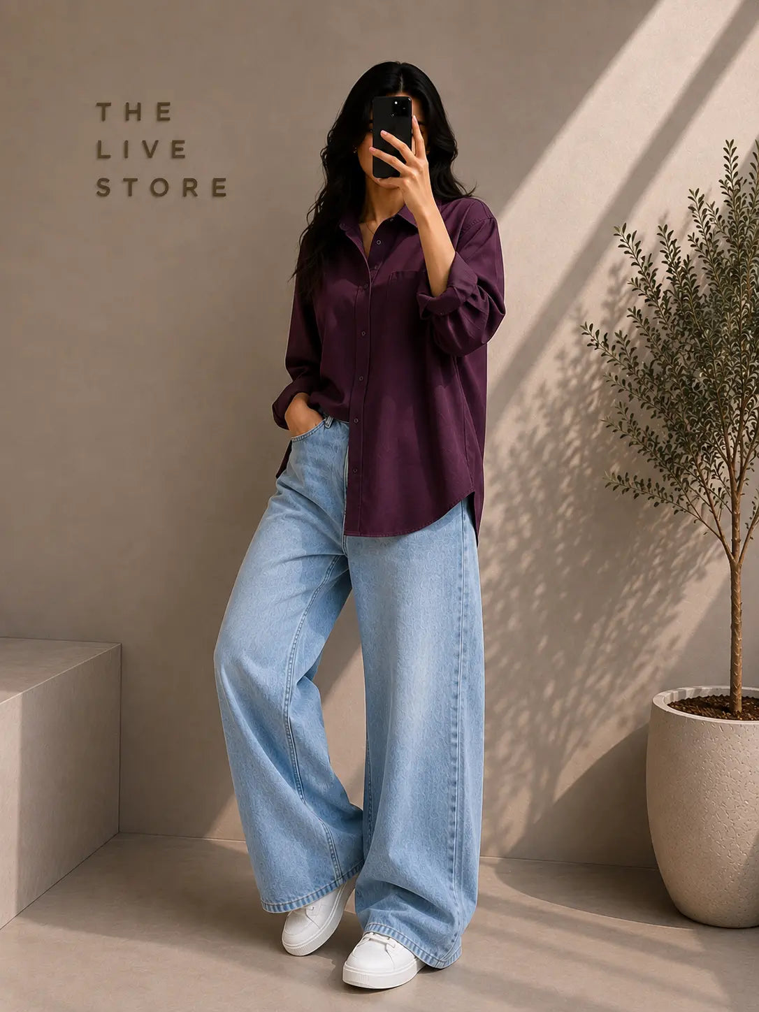 DUO PACK (DARK PURPLE BUTTON DOWN SHIRT & SKY BLUE WIDE LEG JEANS) The Live Store