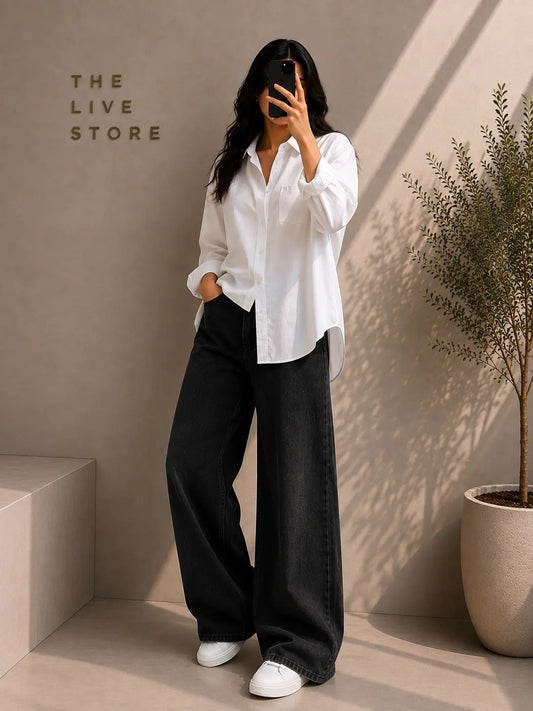 DUO PACK (WHITE BUTTON DOWN SHIRT & BLACK WIDE LEG JEANS) The Live Store