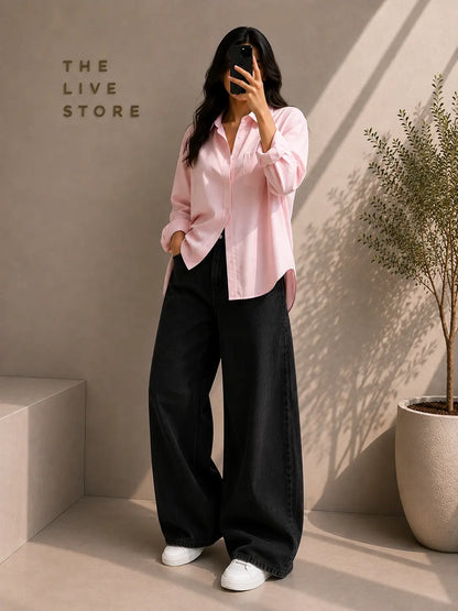DUO PACK (BABY PINK BUTTON DOWN SHIRT & BLACK WIDE LEG JEANS) The Live Store
