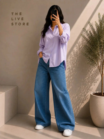 DUO PACK (LILAC BUTTON DOWN SHIRT & MID BLUE WIDE LEG JEANS) The Live Store