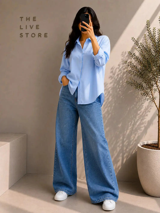DUO PACK (SKY BLUE BUTTON DOWN SHIRT & MID BLUE WIDE LEG JEANS) The Live Store