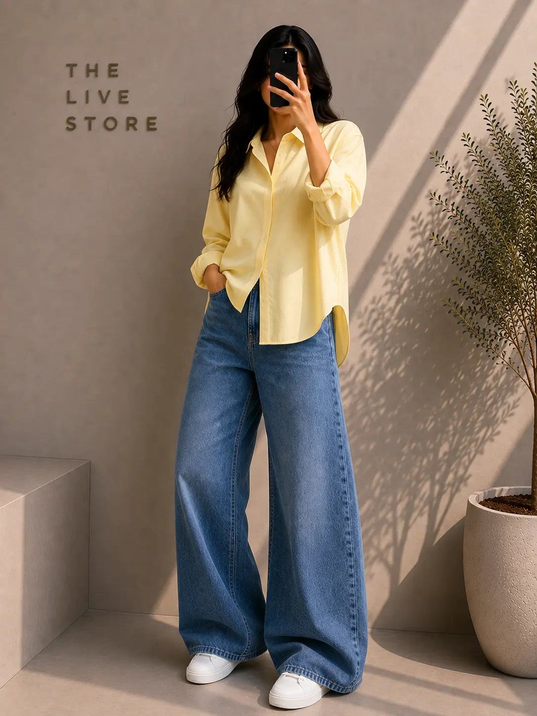 DUO PACK (BUTTER YELLOW BUTTON DOWN SHIRT & MID BLUE WIDE LEG JEANS) The Live Store