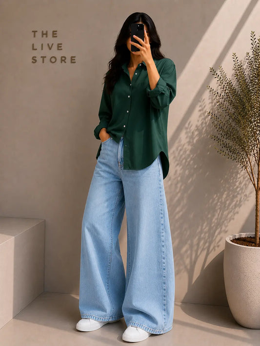 DUO PACK (BOTTLE GREEN BUTTON DOWN SHIRT & SKY BLUE WIDE LEG JEANS) The Live Store