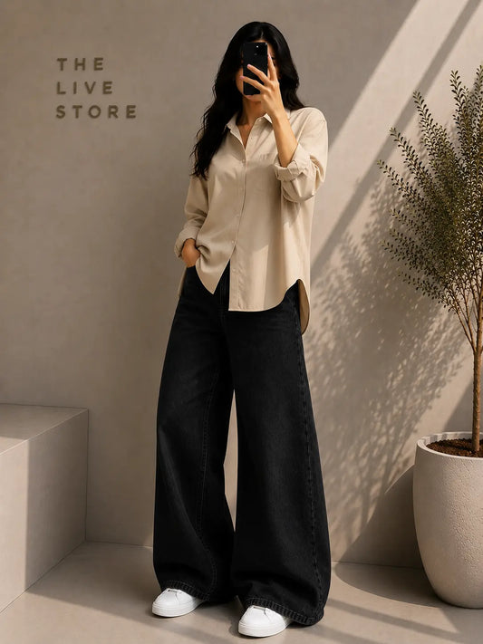 DUO PACK (BEIGE BUTTON DOWN SHIRT & BLACK WIDE LEG JEANS) The Live Store