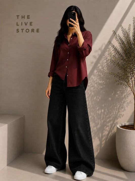 DUO PACK (MAROON BUTTON DOWN SHIRT & BLACK WIDE LEG JEANS) The Live Store
