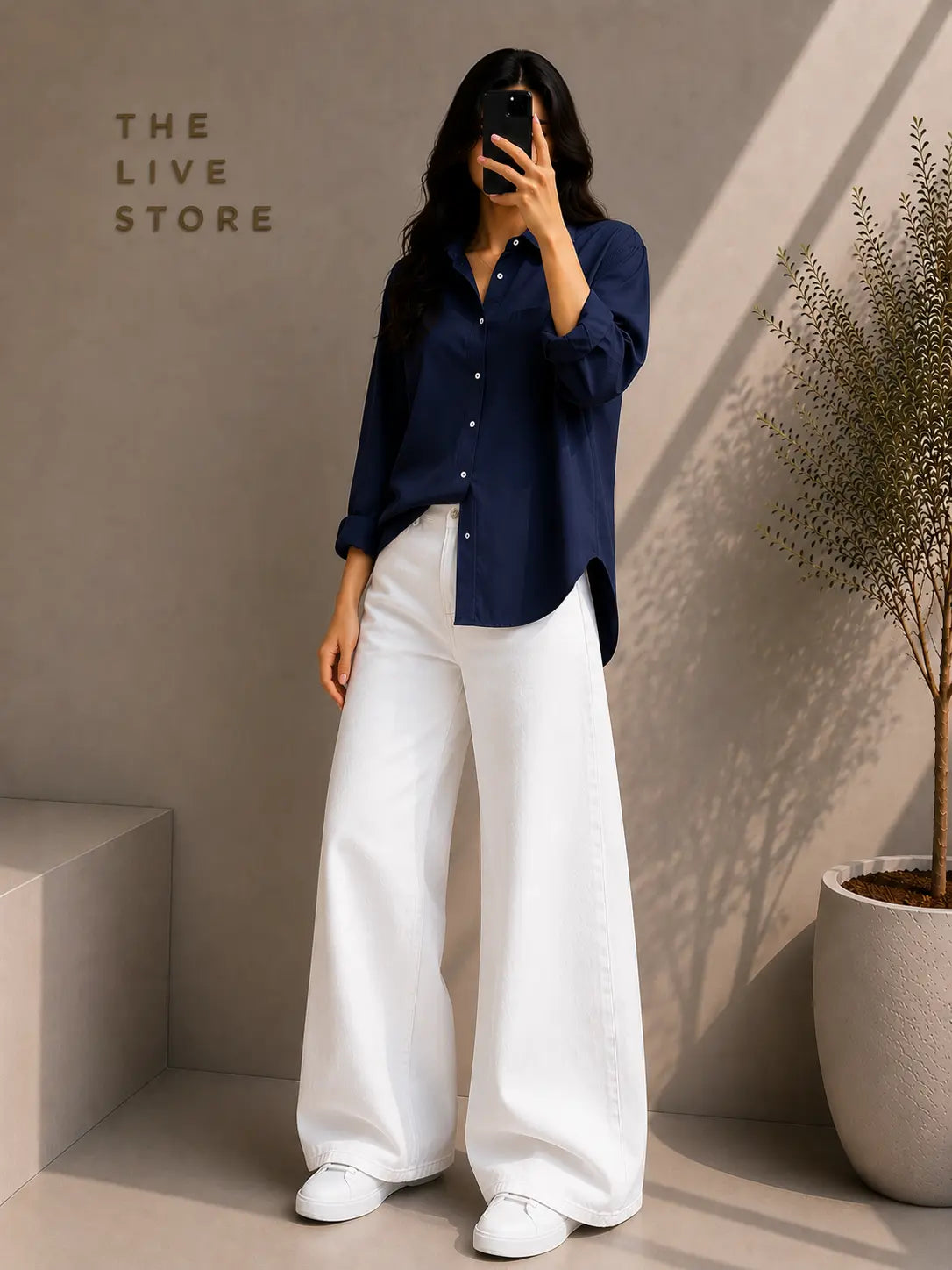 DUO PACK (NAVY BLUE BUTTON DOWN SHIRT & WHITE WIDE LEG JEANS) The Live Store