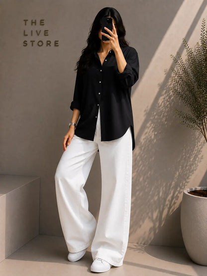 DUO PACK (BLACK BUTTON DOWN SHIRT & WHITE WIDE LEG JEANS) The Live Store