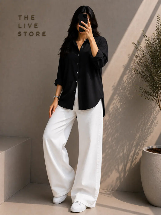 DUO PACK (BLACK BUTTON DOWN SHIRT & WHITE WIDE LEG JEANS) The Live Store