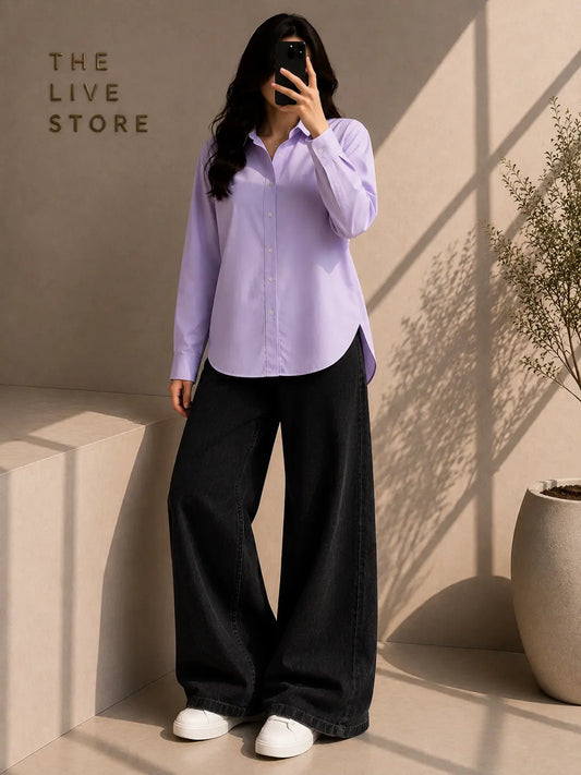 DUO PACK (LILAC BUTTON DOWN SHIRT & BLACK WIDE LEG JEANS) The Live Store
