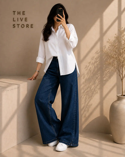 DUO PACK (WHITE BUTTON DOWN SHIRT & DARK BLUE WIDE LEG JEANS) The Live Store