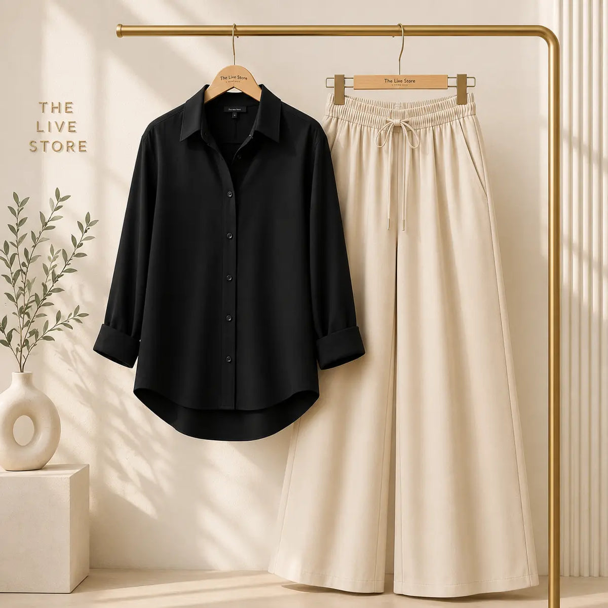 DUO PACK (BLACK BUTTON DOWN SHIRT & BEIGE FLAPPER TROUSER) The Live Store