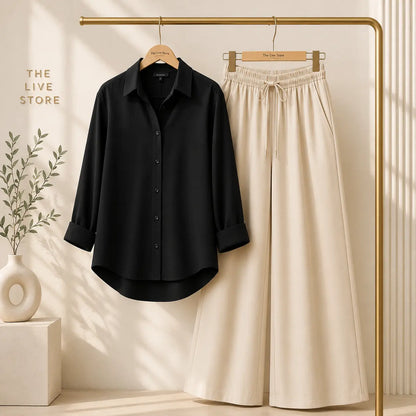 DUO PACK (BLACK BUTTON DOWN SHIRT & BEIGE FLAPPER TROUSER) The Live Store