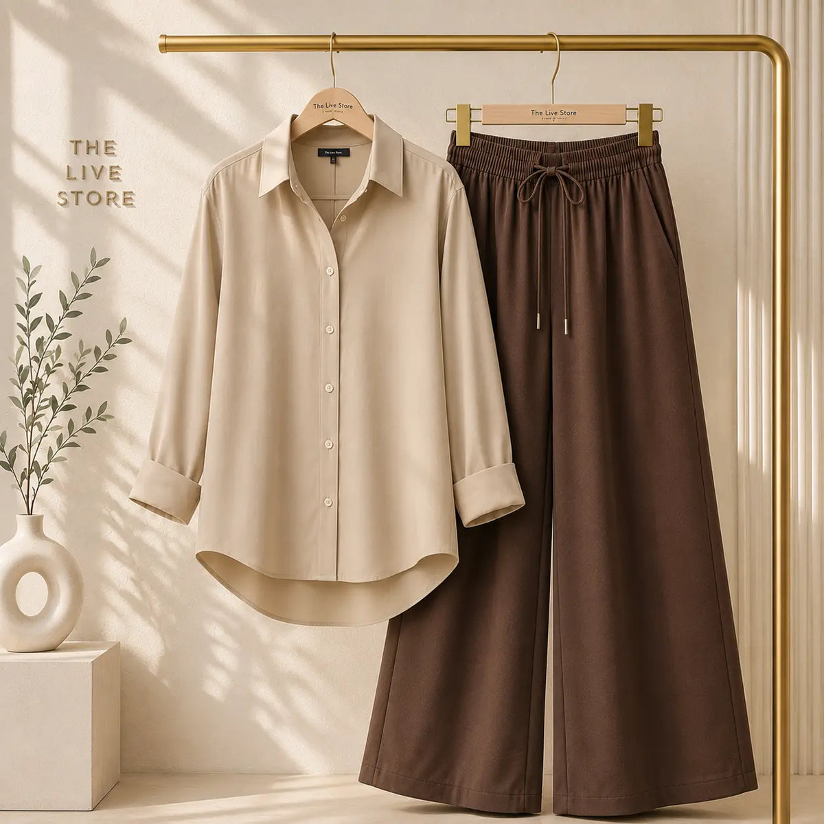 DUO PACK (BEIGE BUTTON DOWN SHIRT & BROWN FLAPPER TROUSER) The Live Store