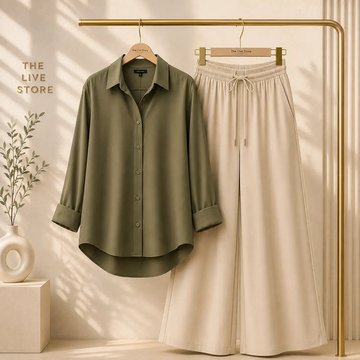 DUO PACK (OLIVE GREEN BUTTON DOWN SHIRT & BEIGE FLAPPER TROUSER) The Live Store