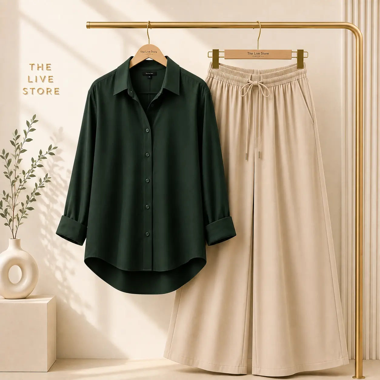 DUO PACK ( BOTTLE GREEN BUTTON DOWN SHIRT WITH BEIGE FLAPPER TROUSER ) The Live Store