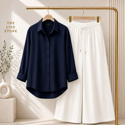 DUO PACK (NAVY BLUE BUTTON DOWN SHIRT & WHITE FLAPPER TROUSER) The Live Store