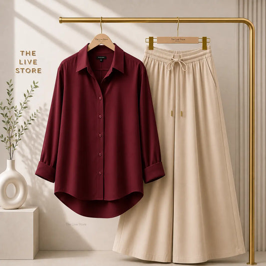 DUO PACK (MAROON BUTTON DOWN SHIRT & BEIGE FLAPPER TROUSER) The Live Store