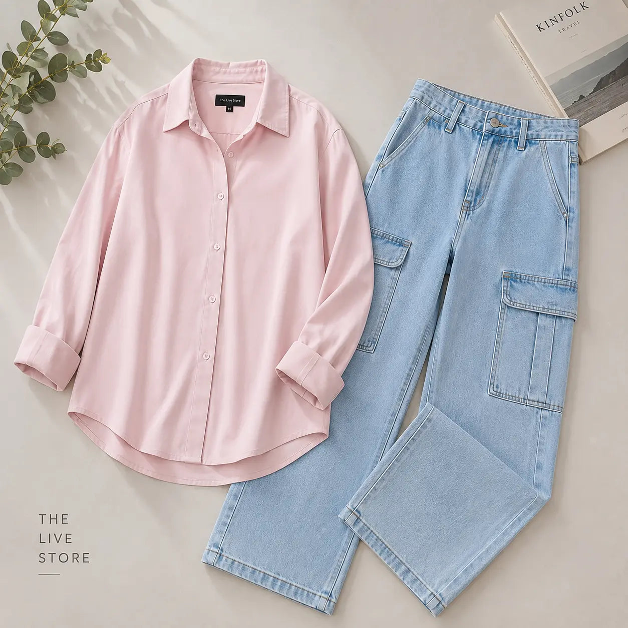 DUO PACK (BABY PINK BUTTON DOWN SHIRT & SKY BLUE CARGO DENIM JEANS) The Live Store