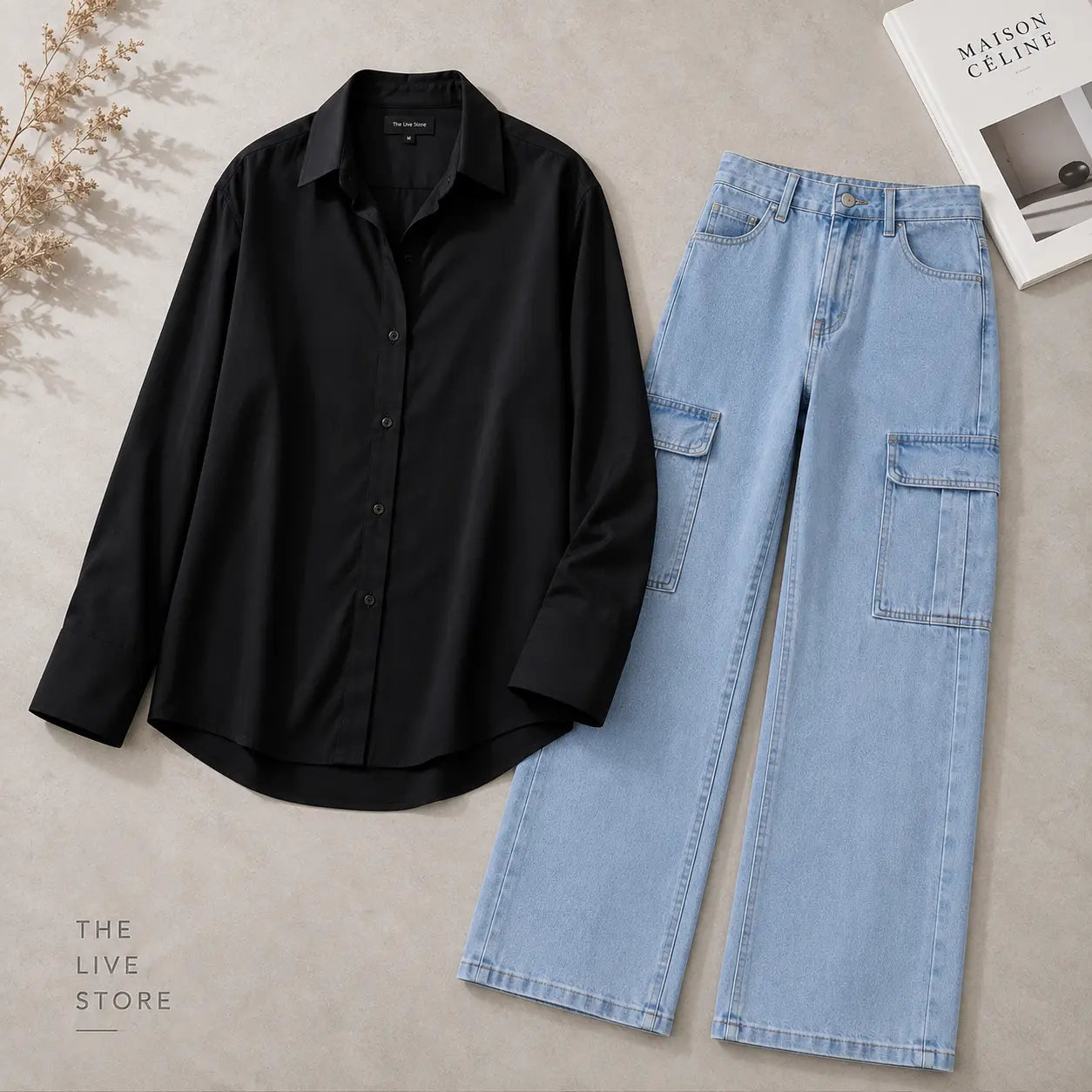 DUO PACK (BLACK BUTTON DOWN SHIRT & SKY BLUE CARGO DENIM JEANS) The Live Store
