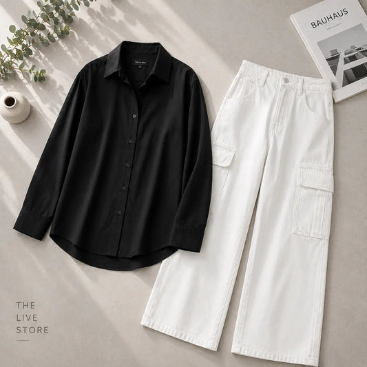 DUO PACK (BLACK BUTTON DOWN SHIRT & WHITE CARGO DENIM JEANS) The Live Store