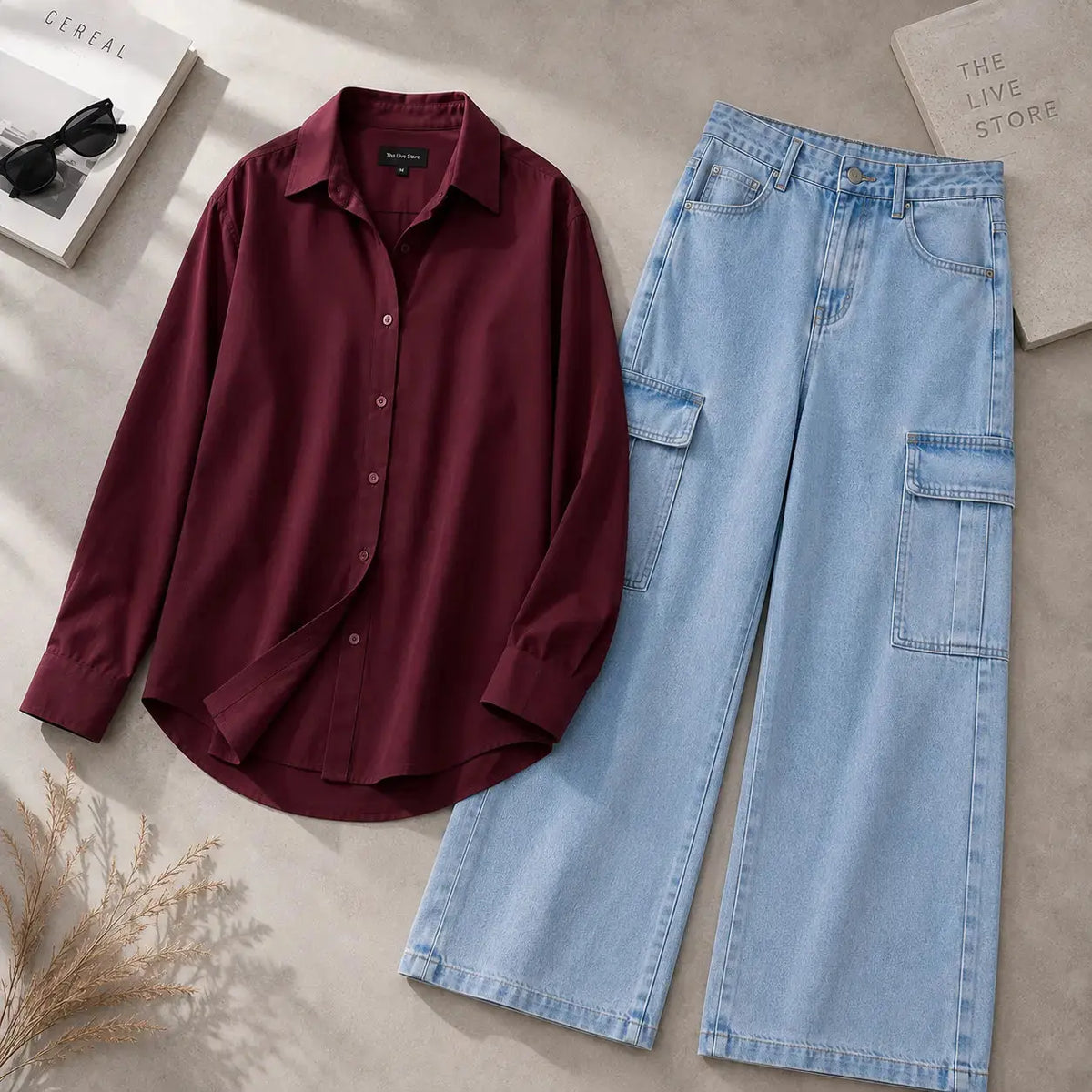 DUO PACK (MAROON BUTTON DOWN SHIRT & SKY BLUE CARGO DENIM JEANS) The Live Store