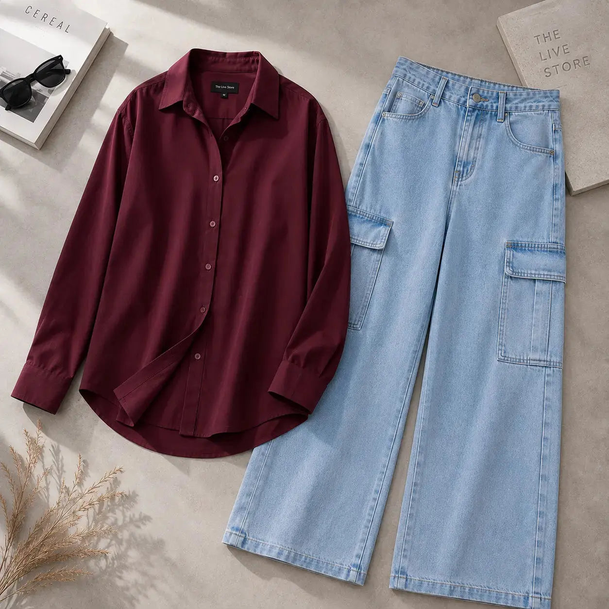 DUO PACK (MAROON BUTTON DOWN SHIRT & SKY BLUE CARGO DENIM JEANS) The Live Store