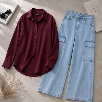 DUO PACK (MAROON BUTTON DOWN SHIRT & SKY BLUE CARGO DENIM JEANS) The Live Store