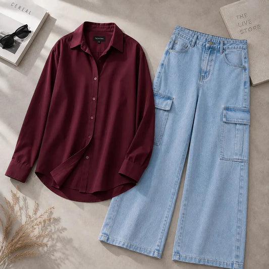 DUO PACK (MAROON BUTTON DOWN SHIRT & SKY BLUE CARGO DENIM JEANS) The Live Store